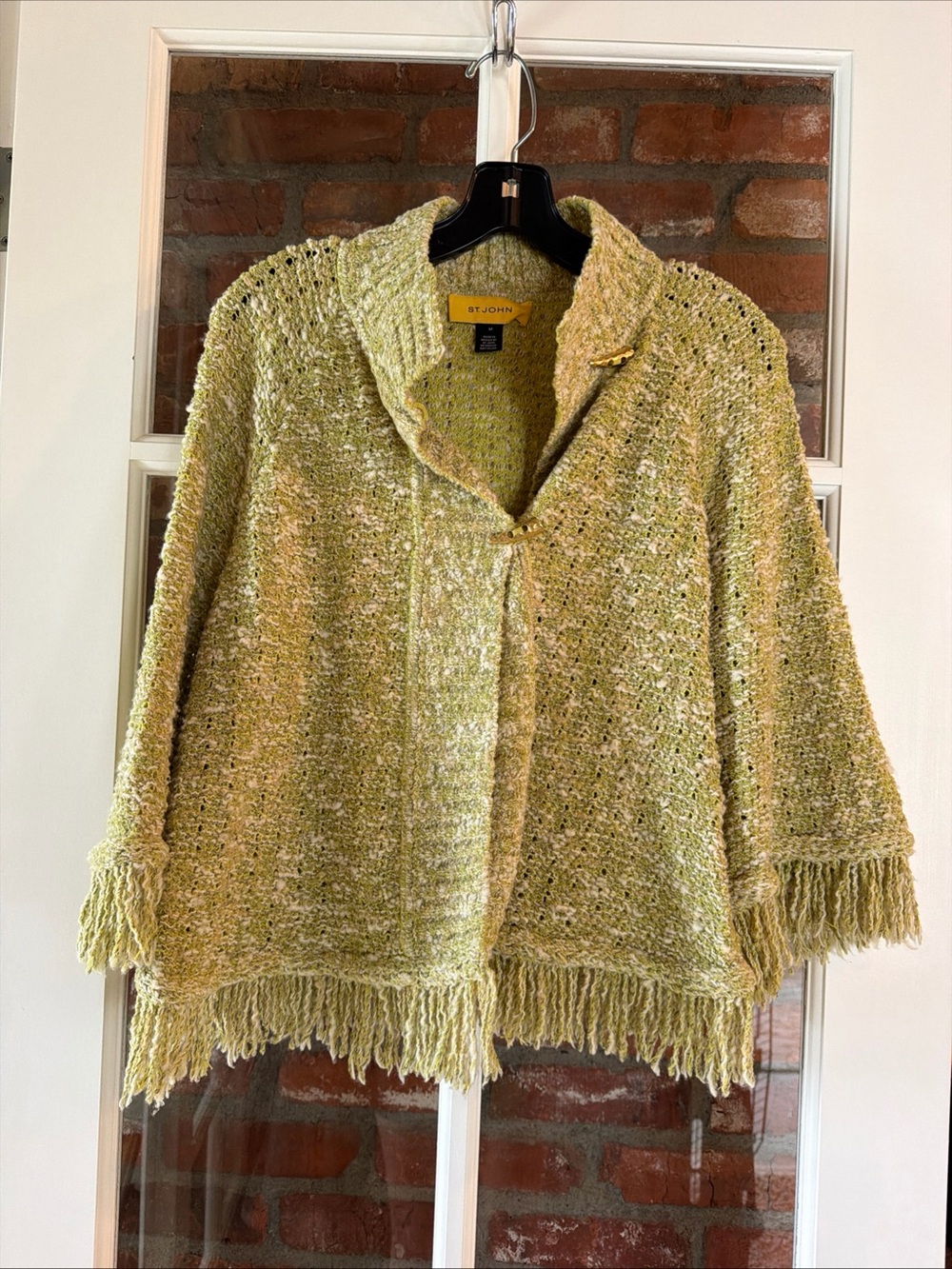 St. John Lime Green Fringe Knit Poncho